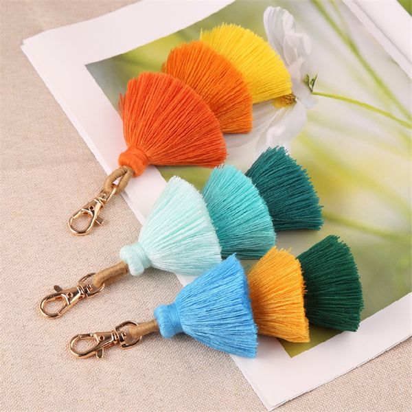 

three layers cotton tassel keychain bohemian boho style women bag pendant multicolor handmade key chain 10 colors, Silver
