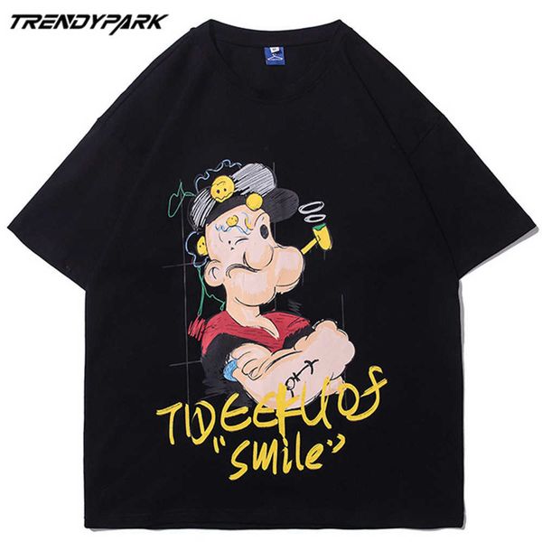 

men's sailor printed tshirt summer short sleeve cartoon printed tee hip hop oversized cotton casual harajuku streetwear tshirts 210601, White;black