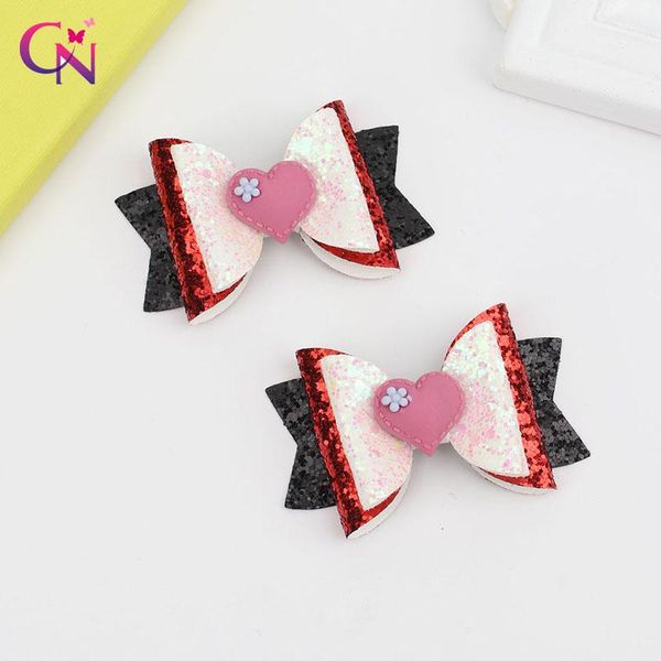 

hair accessories cn 6 pieces/lots 3" valentine bows for girls kids glitter love heart clips hairgrips gift, Slivery;white
