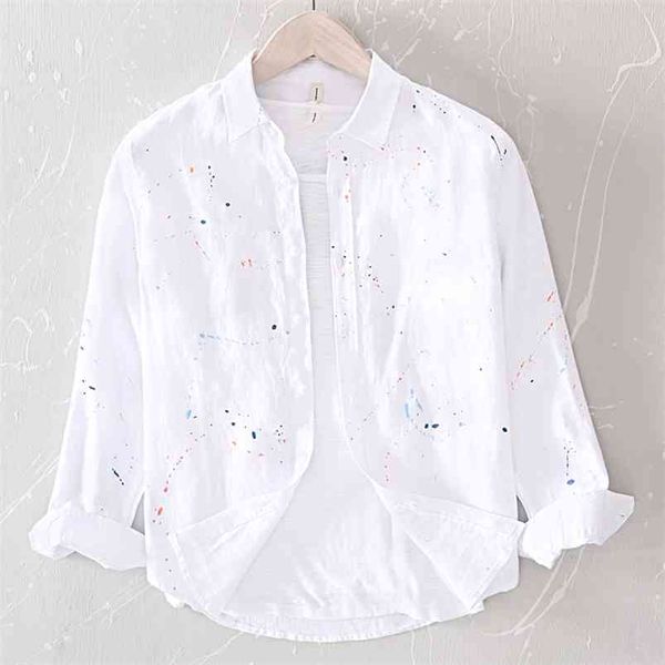 

long sleeve spring autumn shirts for men original dirty colorful print simple style japan harajuku linen shirt 210721, White;black