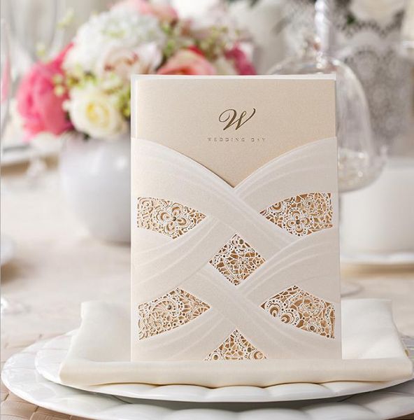 2021 Elegante Hochzeitseinladungskarten mit weißem Band und goldenen glänzenden Punkten, von Wishmade,