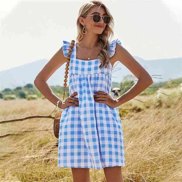 

beach ruffles sleeve pleated plaid high waist open back a-line drss casual ladies dress vintage summer vestidos 210508, Black;gray