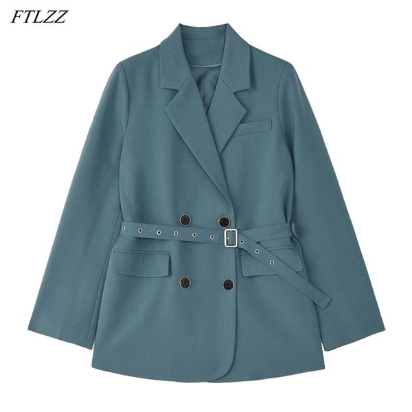 Primavera Chegada Escritório Senhoras Vintage Sólido Azul Khaki Blazer Mulheres Elegante Dupla Breasted Fashion Wa Jackets 210430