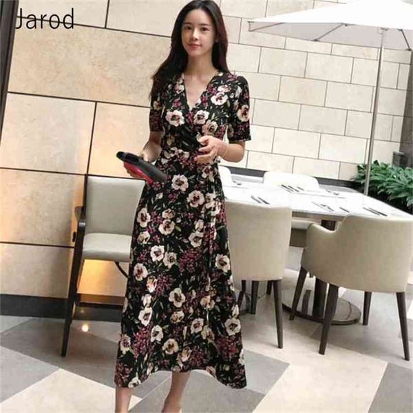 

fashion summer print floral beach dress women elegant v-neck long sleeve vintage slim wrap vestido robe female 210519, Black;gray