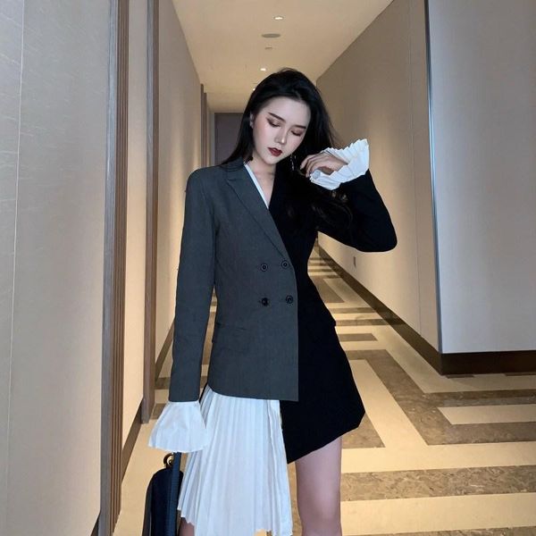 

women's suits & blazers 2021 women double-breasted patchwork long blazer notched flare sleeve irregular jacket casual suit outwear, White;black