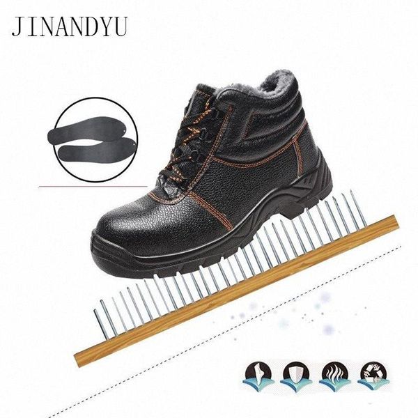 Botas de trabalho ao ar livre inverno quente aço toe sapatos de segurança botas de neve de couro masculino anti esmagamento piercing 37tp