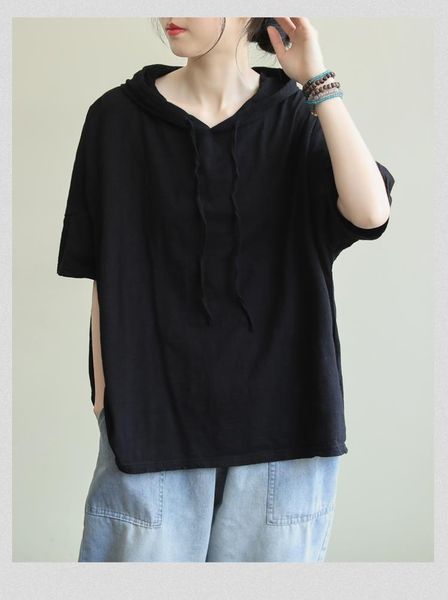 

women's hoodies & sweatshirts plain large size loose literary short-sleeved drawstring hooded summer pure color wild casual, Black