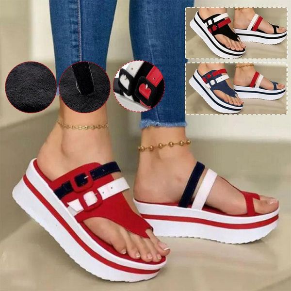 

slippers 2021 buckle flip flops shoes slides women sandals mixed color heels platform wedges ladies summer mujer, Black