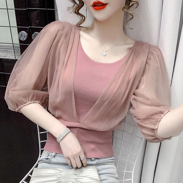 

women's blouses & shirts short-sleeved sweater summer 2021 mesh stitching puff sleeve slim all-match three-quarter sleeves, White