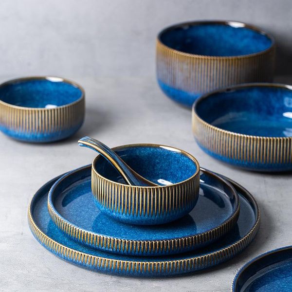 

dishes & plates style nordic kiln glazed ceramic rice salad bowl soup round dish dinner plate tableware blue porcelain