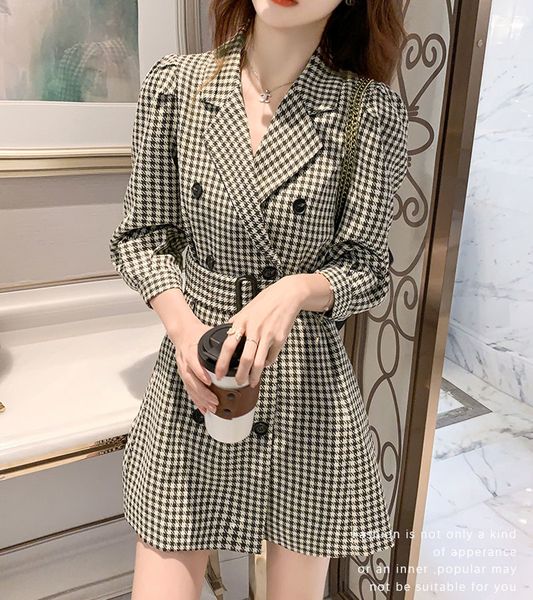 

casual dresses elegant plaid women mini spring double breasted long sleeve tunic belt party blazers korean slim vestidos 2021 qta4, Black;gray