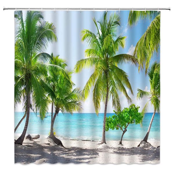 

ocean shower curtain summer blue ocean white beach green coconut grove shadow,70x70 inch polyester fabric bathroom accessories
