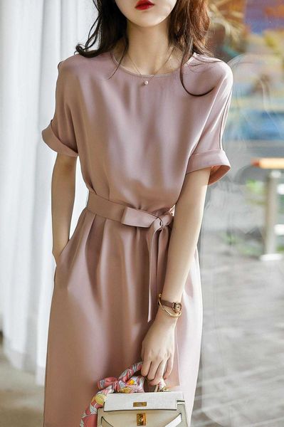 

summer 2021 style ol commuter profsional skirt light mature short sleeve waist tie mid length drs, Black;gray