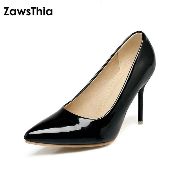 

dress shoes zawsthia women pumps high heels green stiletto pointed toe woman party nude for plus size 46, Black