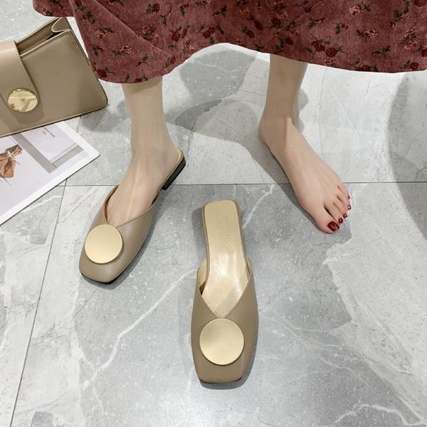 

slippers spring autumn fashion women outdoor color matching non-slip comfortable heel metal decoration women's shoes u30-14, Black