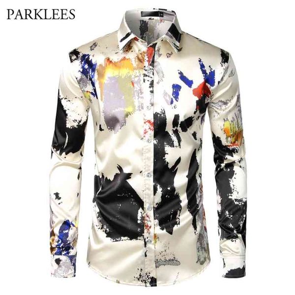 

printed silk mens shirt splashing ink dress for party casual slim fit long sleeve prom daily s masculina 210626, White;black