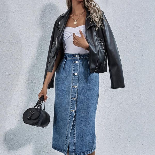 

skirts denim skirt women single breasted midi straight jeans summer high waist a-line pockets casual fashion y2k 2021, Black