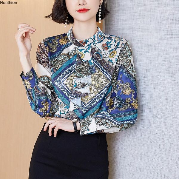 

women's blouses & shirts chiffon blouse plus size o-neck casual girl's shirt loose long sleeve print fashion lady blusas houthion, White