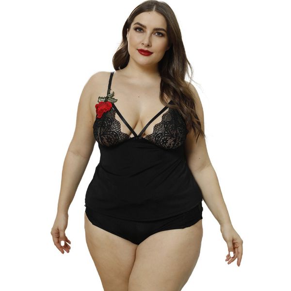 

pajamas women's lace embroidered dress fat mm large size underwear suit, Black;red