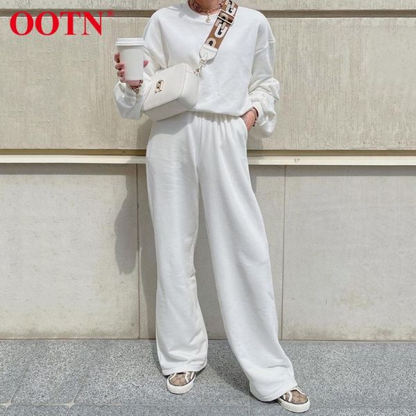 

women's two piece pants ootn solid loose casual home suit outfits white autumn winter women set long sleeve pullove tracksuit knit