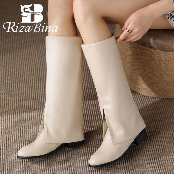 

boots rizabina size 32-43 mid calf for women shoes low heels slip on fashion winter cool ins outdoor warm ladies footwear, Black