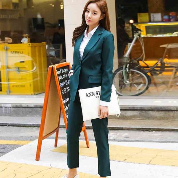

professional women's pants set temperament slim solid color jacket blazer casual trousers two-piece 210527, White