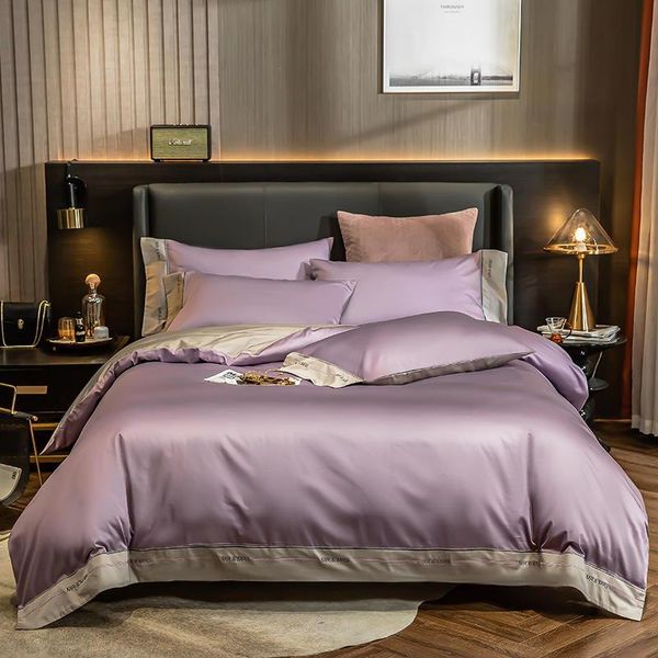 

purple gray brief embroidery bedding set 100 cotton pure color silky soft duvet cover bed sheet bedspread pillowcases  king sets