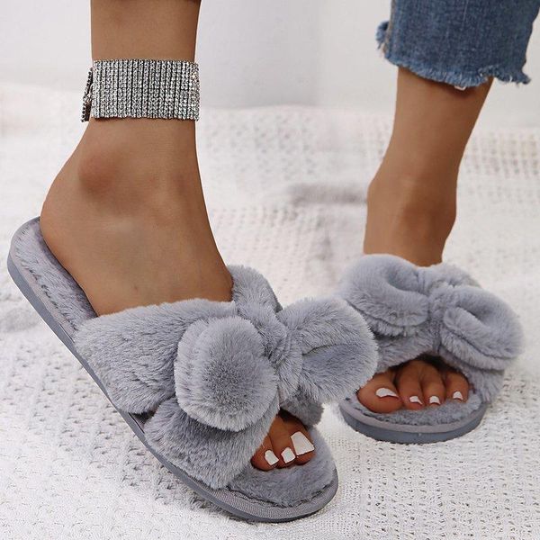 

furry slippers women 2021 home comfortable flat shoes pure color bow, Black