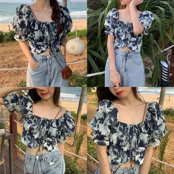 

women's blouses & shirts blouse midriff-baring base shirt ladies summer boat neck , sweet style floral printing puff short sleeve front, White