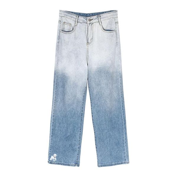 

women's jeans straight women autumn lamb embroidery loose casual wide leg for sweet girls, Blue