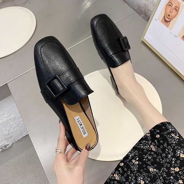 

slippers low shoes square toe ladies' rivet slipers women female mule med luxury slides 2021 cover mules designer hoof heels met, Black