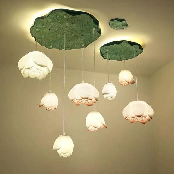 

pendant lamps modern chinese style lotus chandelier tea house restaurant living room aisle lamp imitation classical lighting