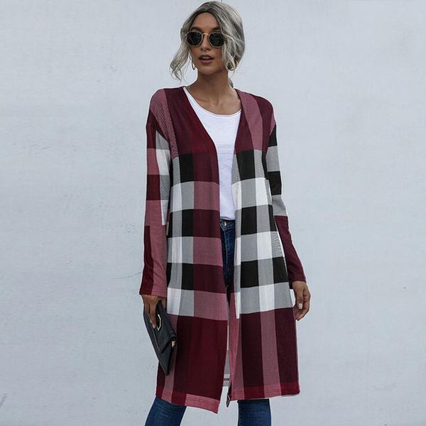 

2021 autumn long jacket women lattice coat women long sleeve cardigan female fashion coat ladies, Tan;black