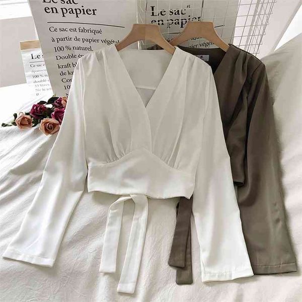 

spring autumn women's t-shirts french retro lace bowknot v-neck short long sleeve solid color shirt qx886 210507, White