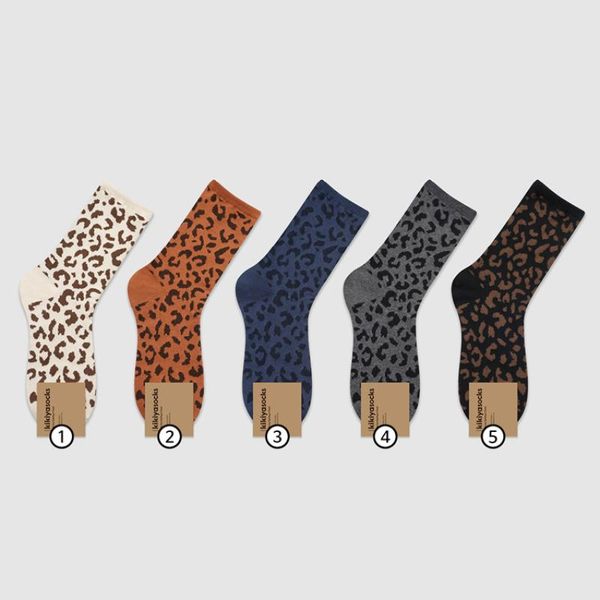 

men's socks 1 pair and women's socks, leopard print mid-tube combed cotton, autumn winter trends, fashion, warmth, Black