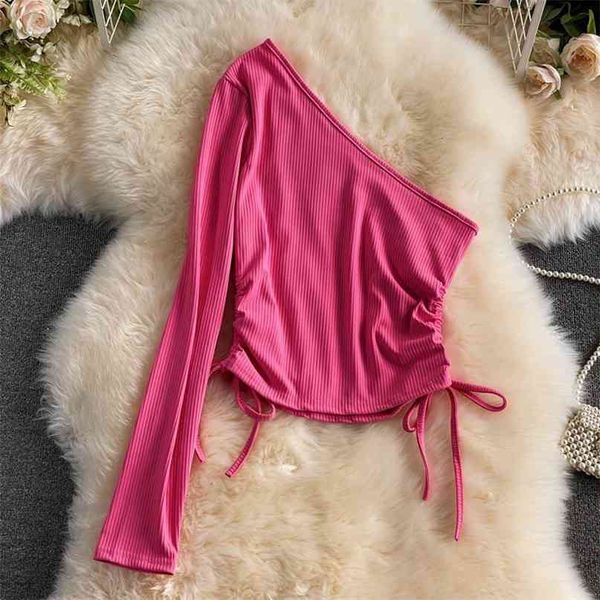 

ins fashion one shoulder long sleeve t-shirt solid color summer women knit crop skinny stretch drawstring ruched 210603, White