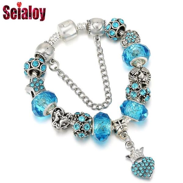 

charm bracelets seialoy blue heart crown pendant seahorse shell for women sea theme crystal beads silver color bracelet gift, Golden;silver