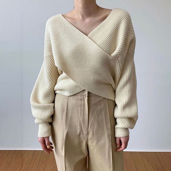 

criss-cross sweater khaki fall 2021 women clothing beige korean style loose pullovers fashion casual raglan sleeve, White;black
