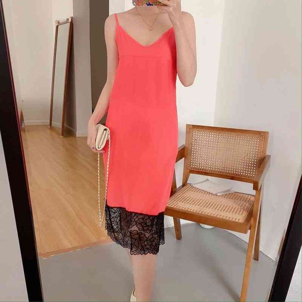 

fashion pachwork lace camis dress sleeveless v neck spaghetti strap knee length party for women sleepwear xz2398 210525, Black;gray