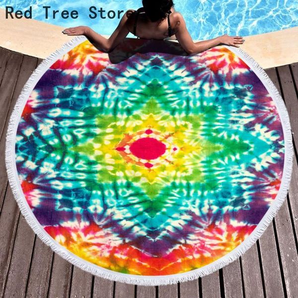 

towel 150cm tie dye print microfiber beach round soft swimming bath cover with tassels summer party vocation picnic blanket