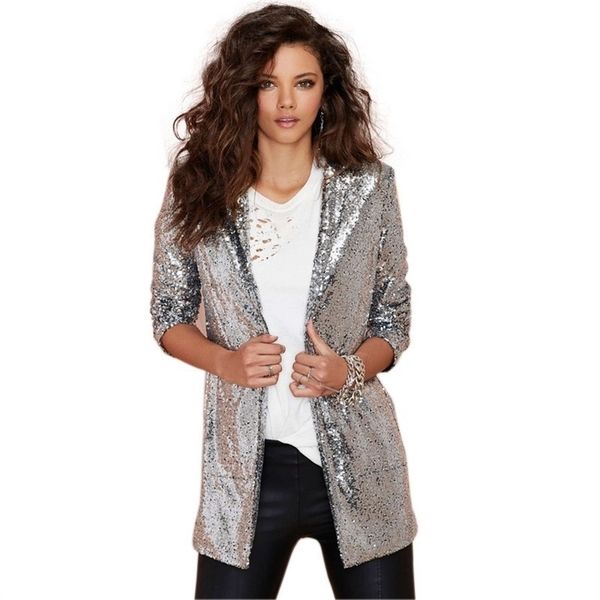 Herbst Frauen Pailletten Blazer Jacken Gold Bling Silber Schwarz Langarm Elegante Anzug Mäntel Nachtclub Glitter Shiny Punk Outwear 210930