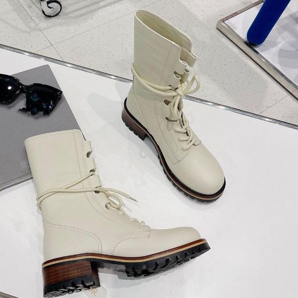

boots leather thick - soled 2021 lace-up locomotive cylinder heel strap fashion knight, Black