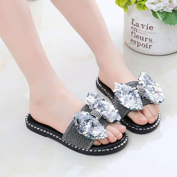

slipper parent-child bow spangle glitter open toe non-slip summer princess sandals s7jn, Black;grey