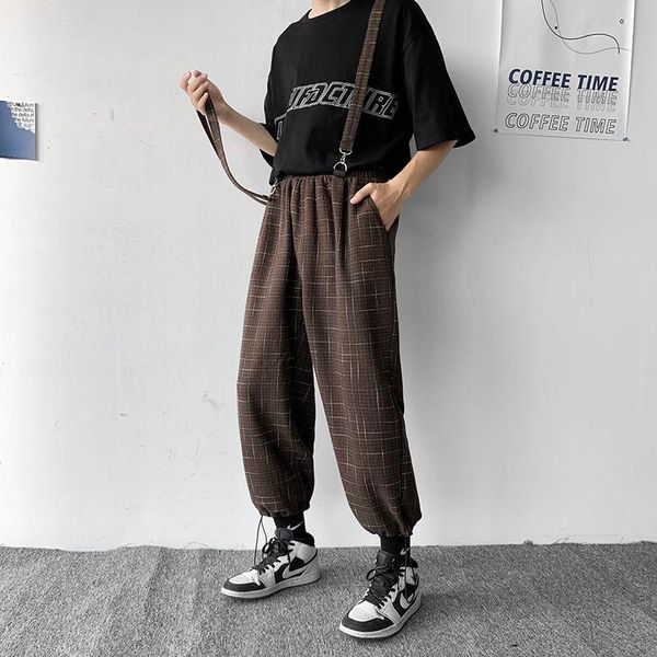 

men's pants 2021 loose detachable suspender casual trend jumpsuit trousers streetwear plaid print overalls salopettes rompers, Black