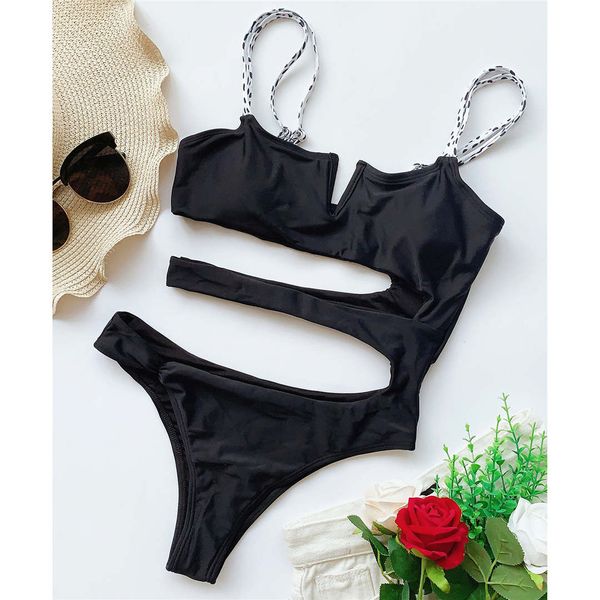 

new 2021 v neck tummy cut out one piece swimsuit women swimwear female asymmmetrical bather bathing suit swim lady k2501