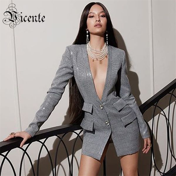 

trendy plaid sequins deep v neck long sleeves celebrity party club mini dress 210520, Black;gray