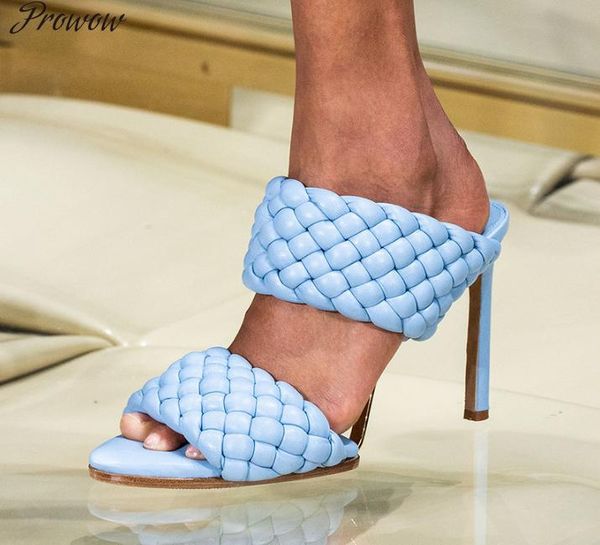 

prowow brand women woven sandals mules open toe high heels slippers thin ladies slip on fashion shoes woman, Black