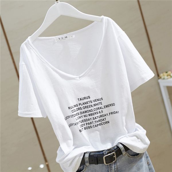 

women's t-shirt 2021 summer arrival v-neck letters print cotton t women short sleeve white tee femme ins basic casual tshirt w