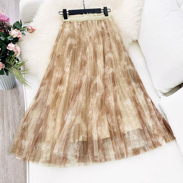 

spring elegant ink dying pleated a-ling maxi long tulle skirts lush gradient printing ankle mesh green blue, Black