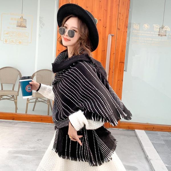 

scarves dotted striped women winter knit scarf shawl luxury warmer ladies plaid blanket wrap cashmere poncho capes female, Blue;gray